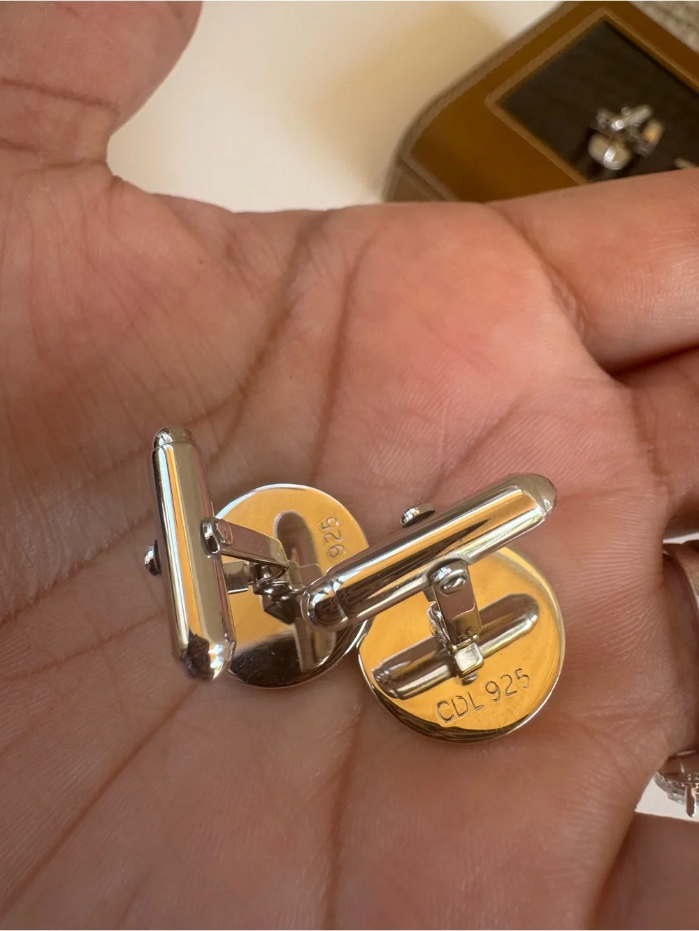 TCB Brown and Black Leather Cufflink Case with Silver-Tone Cufflinks